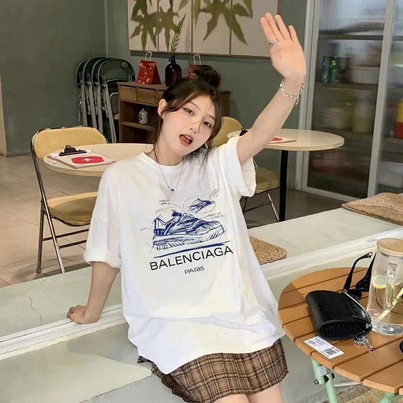 P80✨🔥 BALENCIAGA Paris lettering printed short-sleeved T-shirt, custom-woven and dyed 280g combed cotton heavyweight fabric, zero color difference in thread, perfect details, different from the current version on the market, welcome to compare, Same Style for men and women, must-sell in the picture above Color: White Black Size: 1 2 3 4